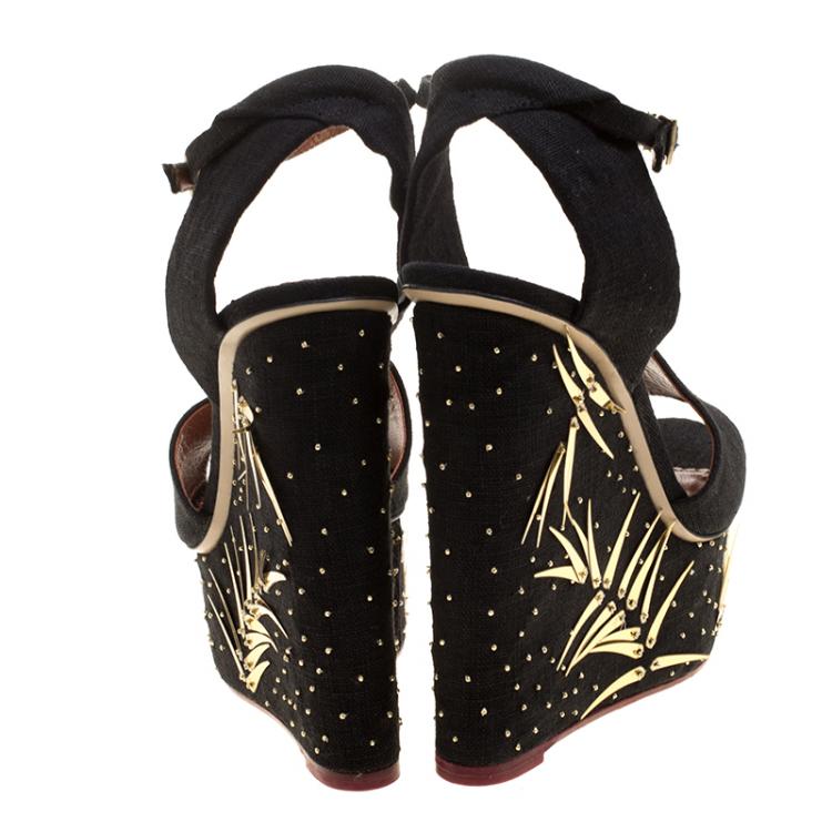 Pre Owned Charlotte Olympia Black Canvas Mischievous Peep Toe Embellished Wedge Sandals Size 37.5