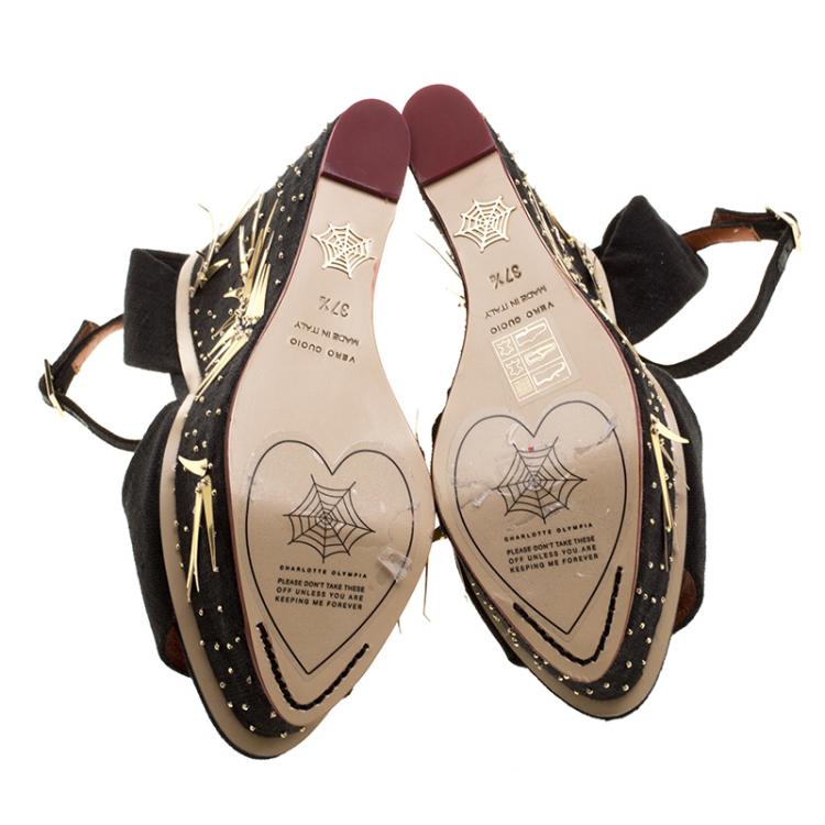 Pre Owned Charlotte Olympia Black Canvas Mischievous Peep Toe Embellished Wedge Sandals Size 37.5