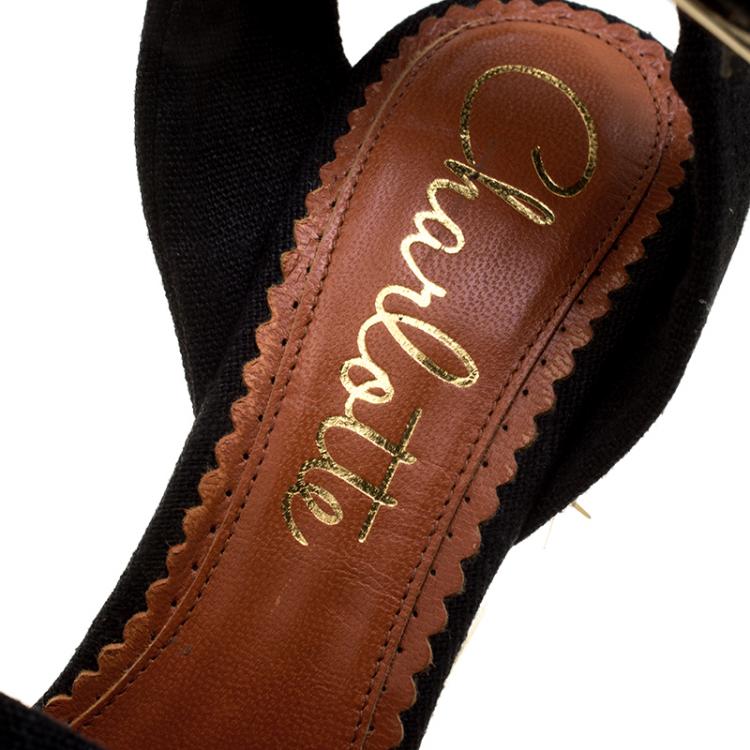 Pre Owned Charlotte Olympia Black Canvas Mischievous Peep Toe Embellished Wedge Sandals Size 37.5