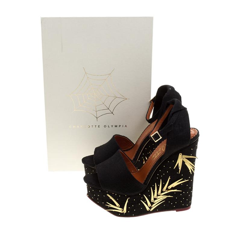 Pre Owned Charlotte Olympia Black Canvas Mischievous Peep Toe Embellished Wedge Sandals Size 37.5