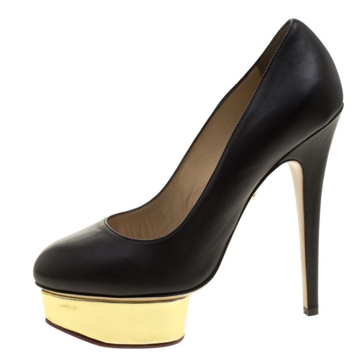 Pre Owned Charlotte Olympia Black Leather Dolly Platform Pumps Size 38.5