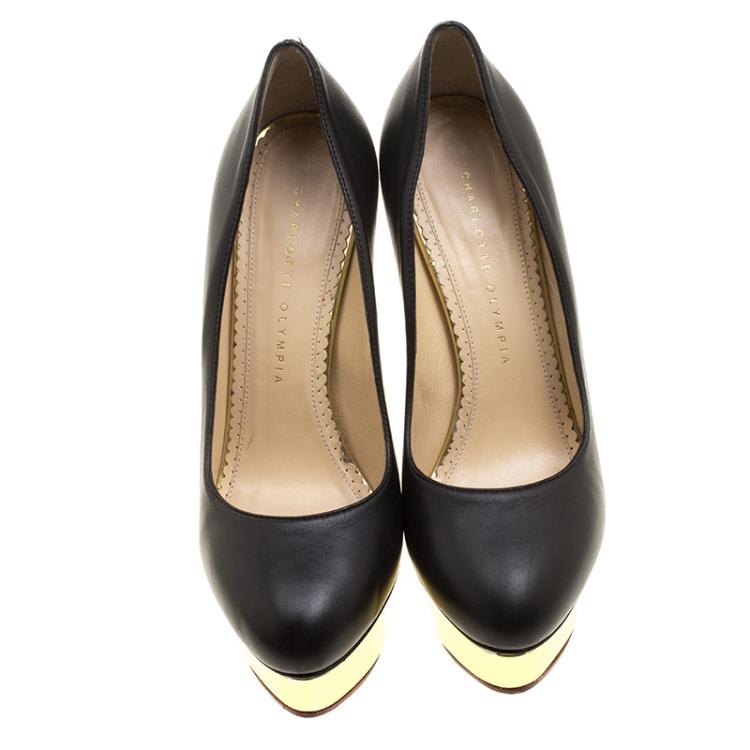 Pre Owned Charlotte Olympia Black Leather Dolly Platform Pumps Size 38.5