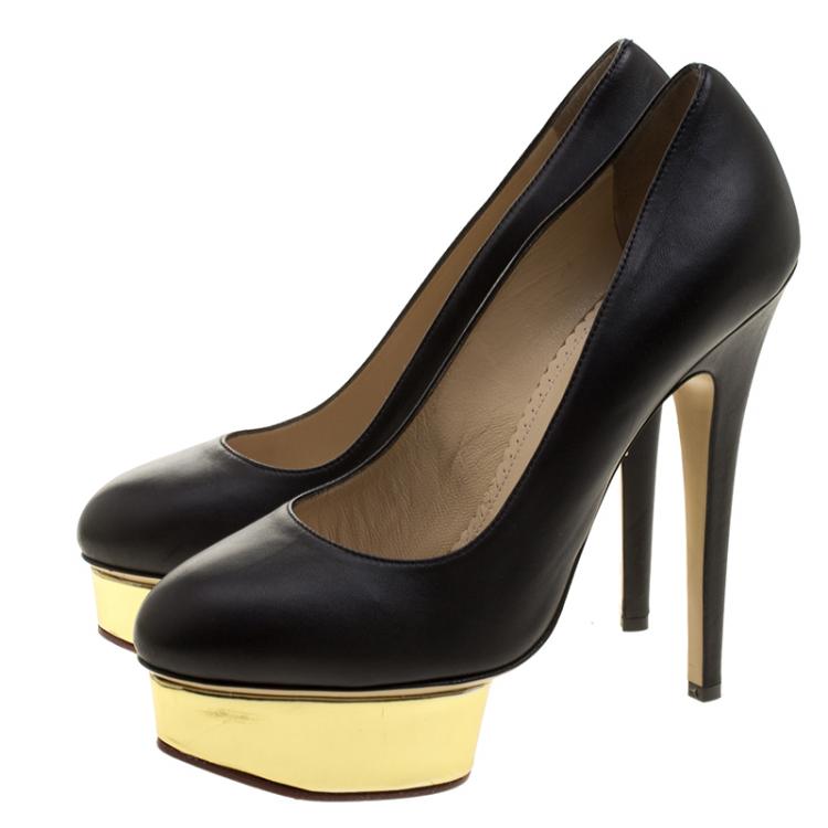 Pre Owned Charlotte Olympia Black Leather Dolly Platform Pumps Size 38.5