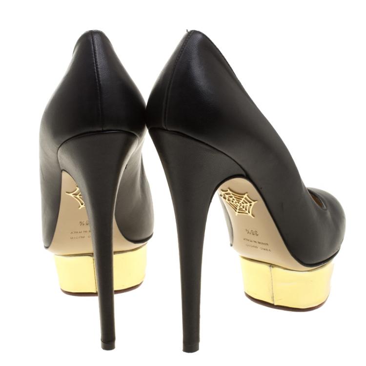 Pre Owned Charlotte Olympia Black Leather Dolly Platform Pumps Size 38.5