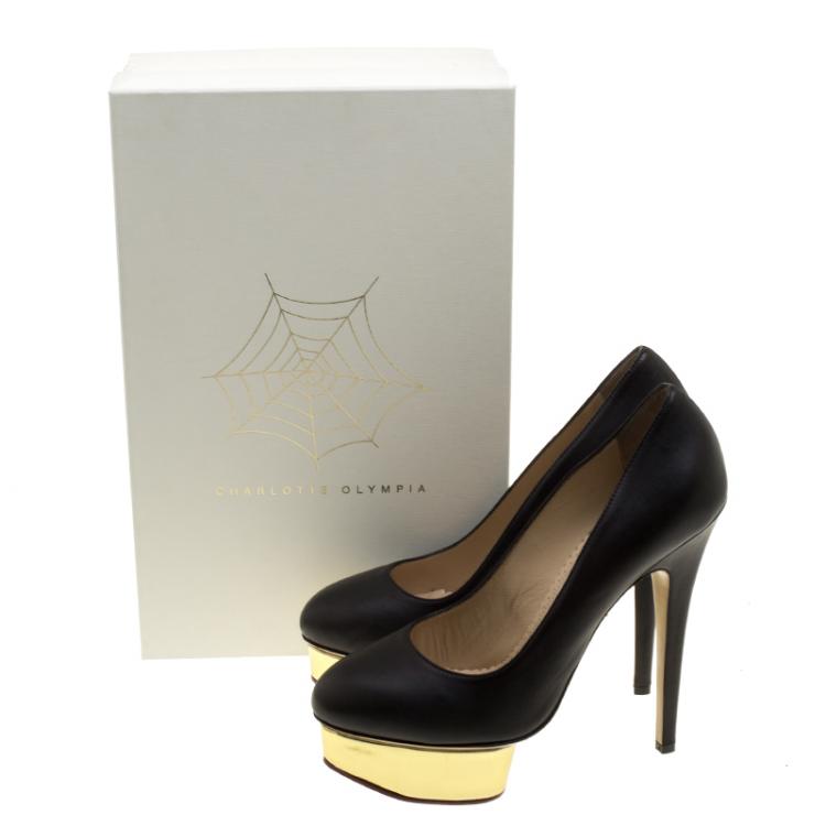 Pre Owned Charlotte Olympia Black Leather Dolly Platform Pumps Size 38.5