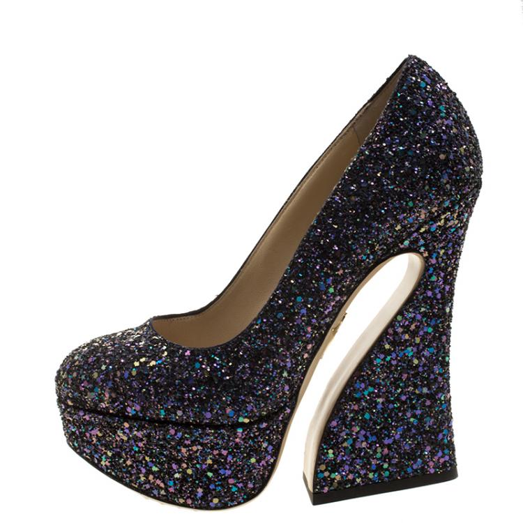 Pre Owned Charlotte Olympia Metallic Two Tone Coarse Glitter Millicent Platform Pumps Size 35