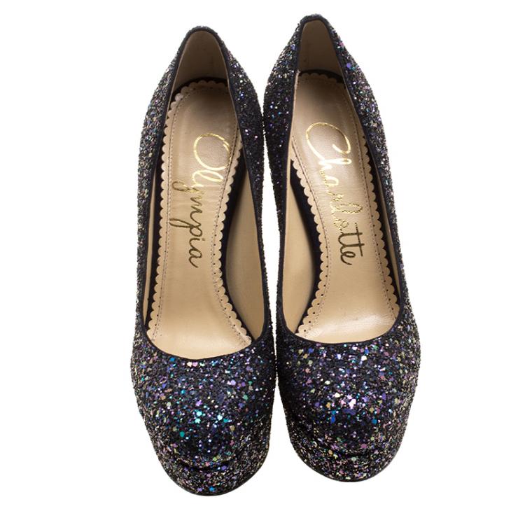 Pre Owned Charlotte Olympia Metallic Two Tone Coarse Glitter Millicent Platform Pumps Size 35