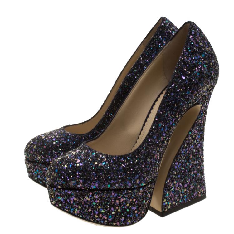 Pre Owned Charlotte Olympia Metallic Two Tone Coarse Glitter Millicent Platform Pumps Size 35