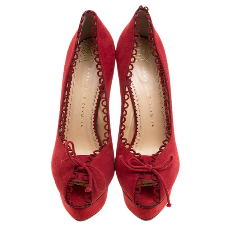 Pre Owned Charlotte Olympia Red Suede Daphne Scalloped Trim Peep Toe Platform Pumps Size 38