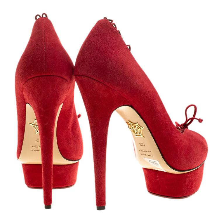 Pre Owned Charlotte Olympia Red Suede Daphne Scalloped Trim Peep Toe Platform Pumps Size 38