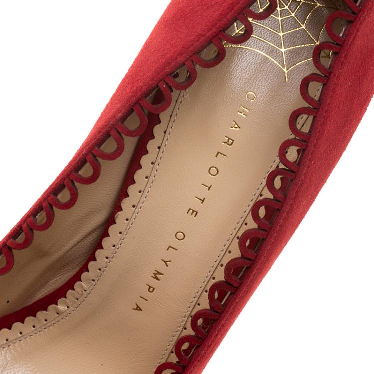 Pre Owned Charlotte Olympia Red Suede Daphne Scalloped Trim Peep Toe Platform Pumps Size 38