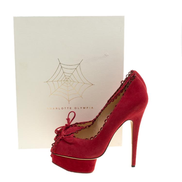 Pre Owned Charlotte Olympia Red Suede Daphne Scalloped Trim Peep Toe Platform Pumps Size 38