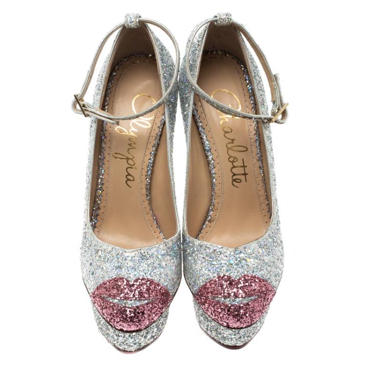 Pre Owned Charlotte Olympia Two Tone Glitter Kiss Me Dolores! Ankle Strap Platform Pumps Size 36