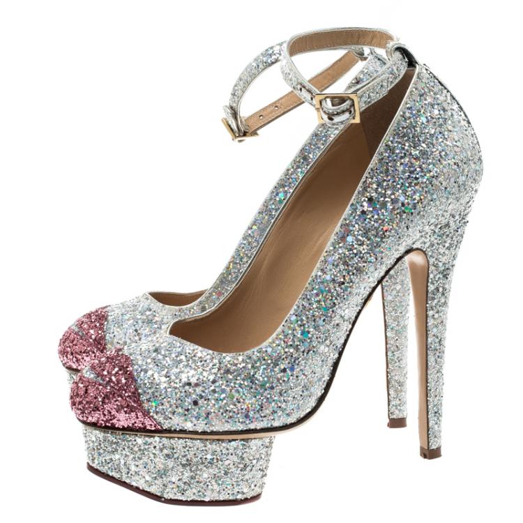 Pre Owned Charlotte Olympia Two Tone Glitter Kiss Me Dolores! Ankle Strap Platform Pumps Size 36