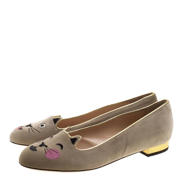 Pre Owned Charlotte Olympia Beige Velvet Emoticats Cheeky Kitty Flats Size 39.5
