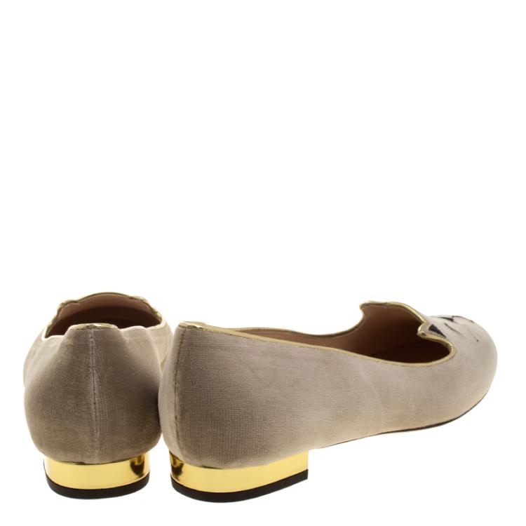 Pre Owned Charlotte Olympia Beige Velvet Emoticats Cheeky Kitty Flats Size 39.5