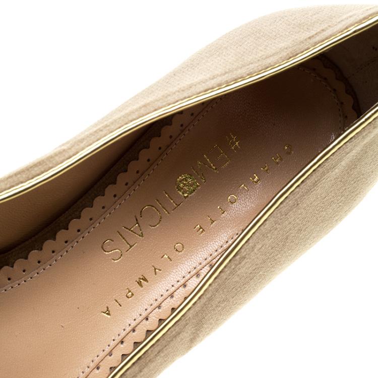 Pre Owned Charlotte Olympia Beige Velvet Emoticats Cheeky Kitty Flats Size 39.5