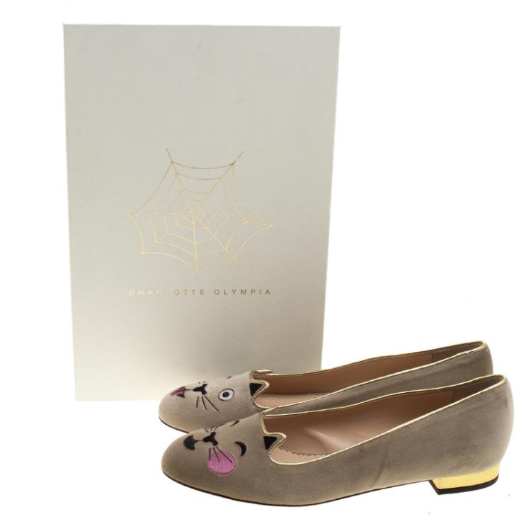 Pre Owned Charlotte Olympia Beige Velvet Emoticats Cheeky Kitty Flats Size 39.5