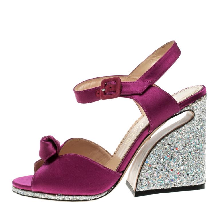 Pre Owned Charlotte Olympia Magenta Satin Vega Peep Toe Ankle Strap Sandals Size 39