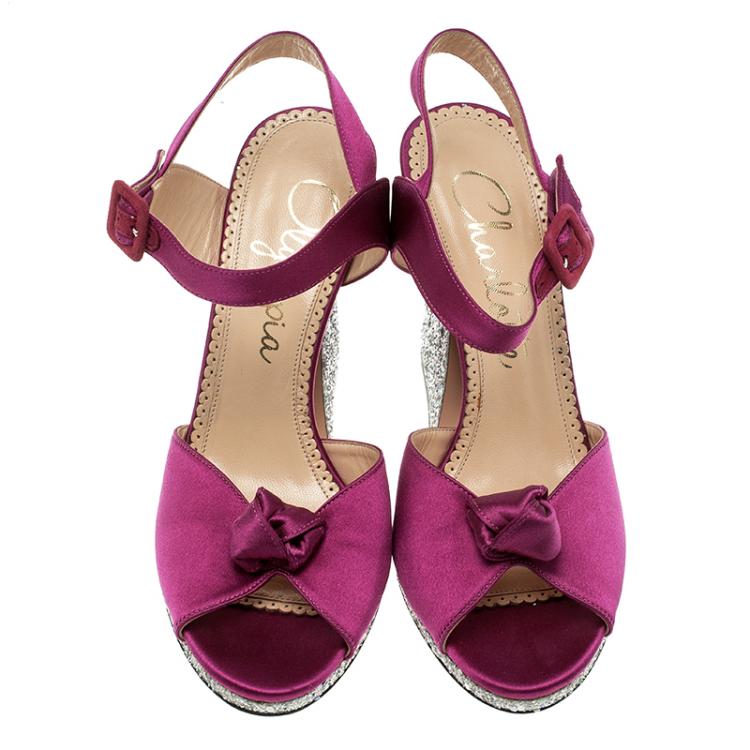 Pre Owned Charlotte Olympia Magenta Satin Vega Peep Toe Ankle Strap Sandals Size 39