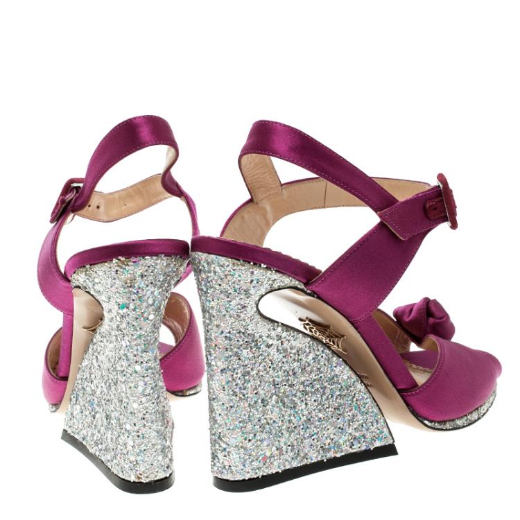 Pre Owned Charlotte Olympia Magenta Satin Vega Peep Toe Ankle Strap Sandals Size 39