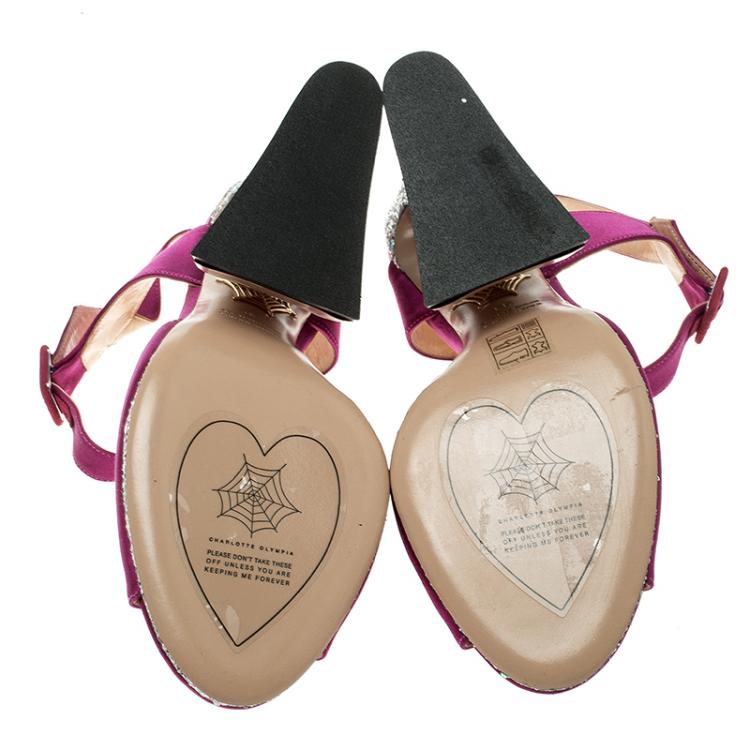 Pre Owned Charlotte Olympia Magenta Satin Vega Peep Toe Ankle Strap Sandals Size 39