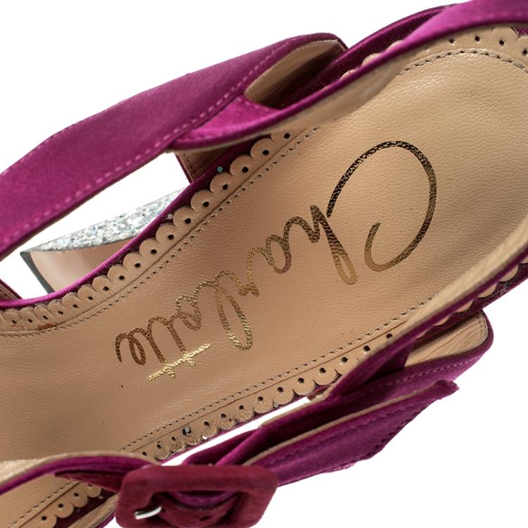 Pre Owned Charlotte Olympia Magenta Satin Vega Peep Toe Ankle Strap Sandals Size 39
