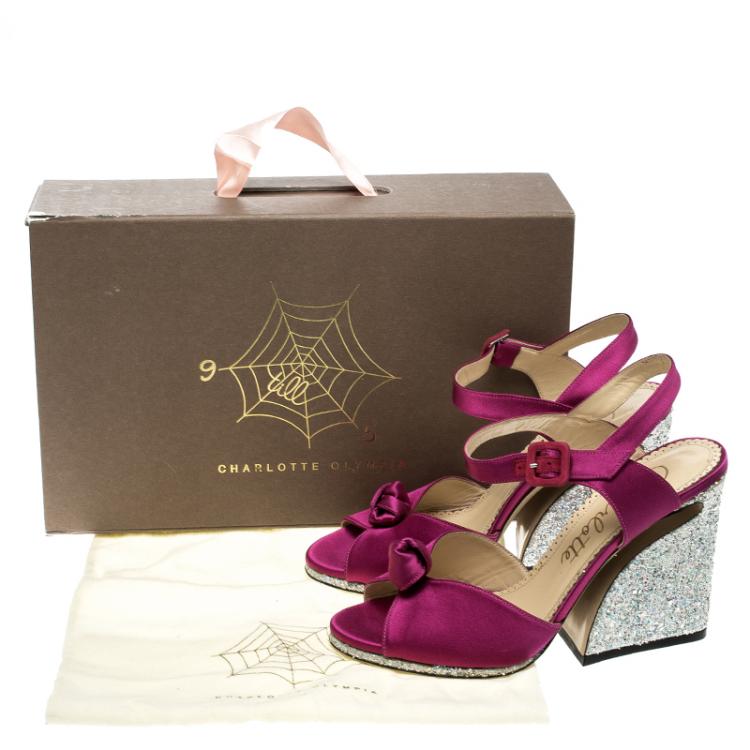 Pre Owned Charlotte Olympia Magenta Satin Vega Peep Toe Ankle Strap Sandals Size 39