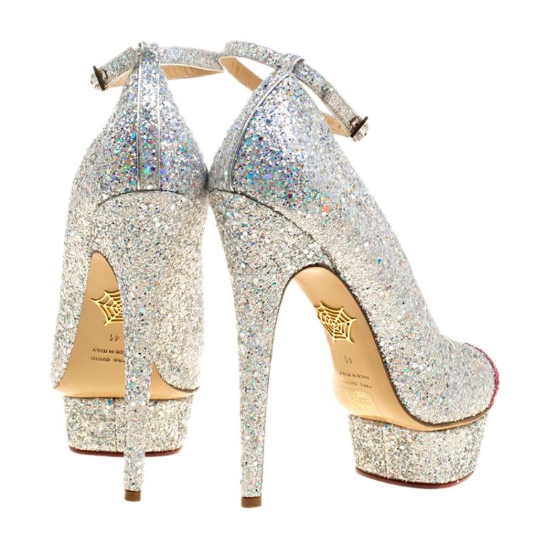 Pre Owned Charlotte Olympia Silver Glitter Kiss Me Dolores! Ankle Strap Platform Pumps Size 41