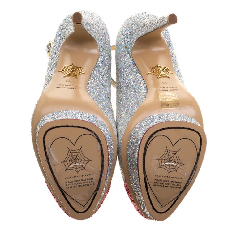 Pre Owned Charlotte Olympia Silver Glitter Kiss Me Dolores! Ankle Strap Platform Pumps Size 41