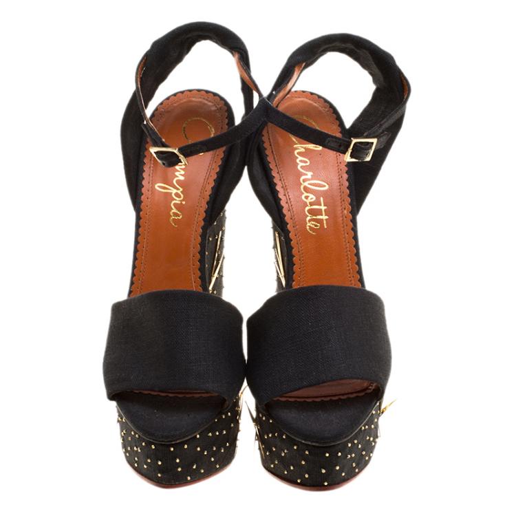 Pre Owned Charlotte Olympia Black Canvas Mischievous Peep Toe Embellished Wedge Sandals Size 41