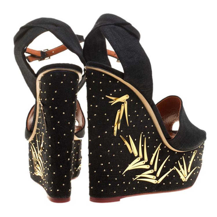 Pre Owned Charlotte Olympia Black Canvas Mischievous Peep Toe Embellished Wedge Sandals Size 41