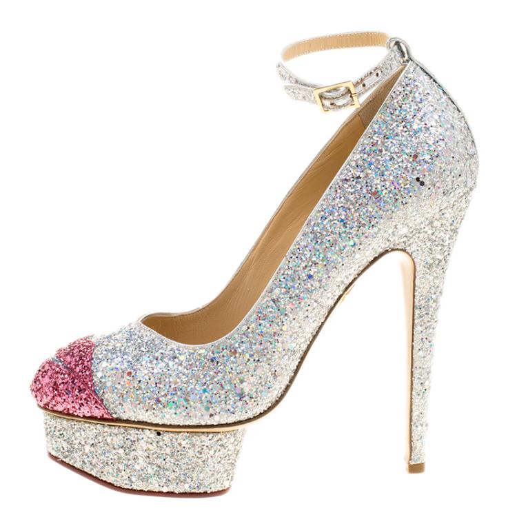 Pre Owned Charlotte Olympia Two Tone Glitter Kiss Me Dolores! Ankle Strap Platform Pumps Size 39.5