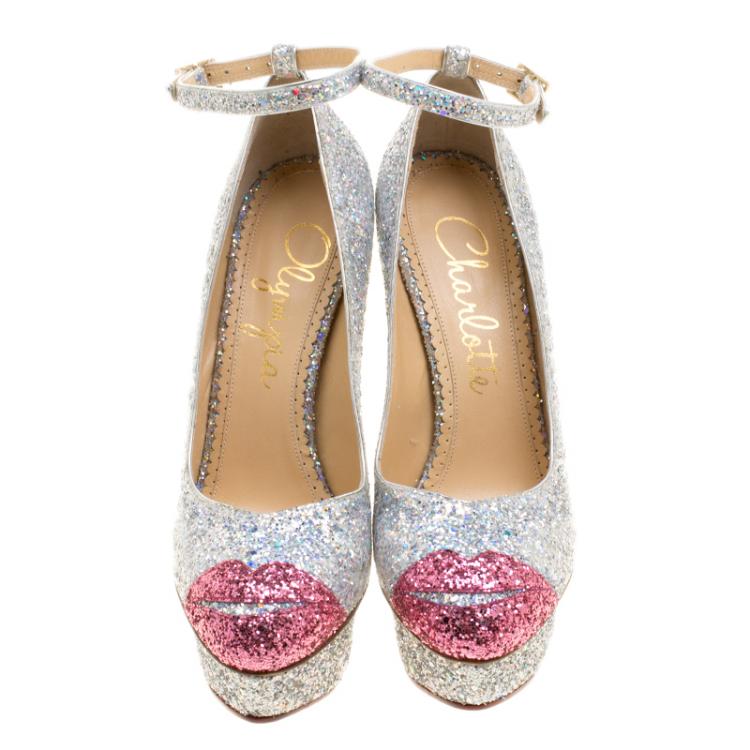 Pre Owned Charlotte Olympia Two Tone Glitter Kiss Me Dolores! Ankle Strap Platform Pumps Size 39.5