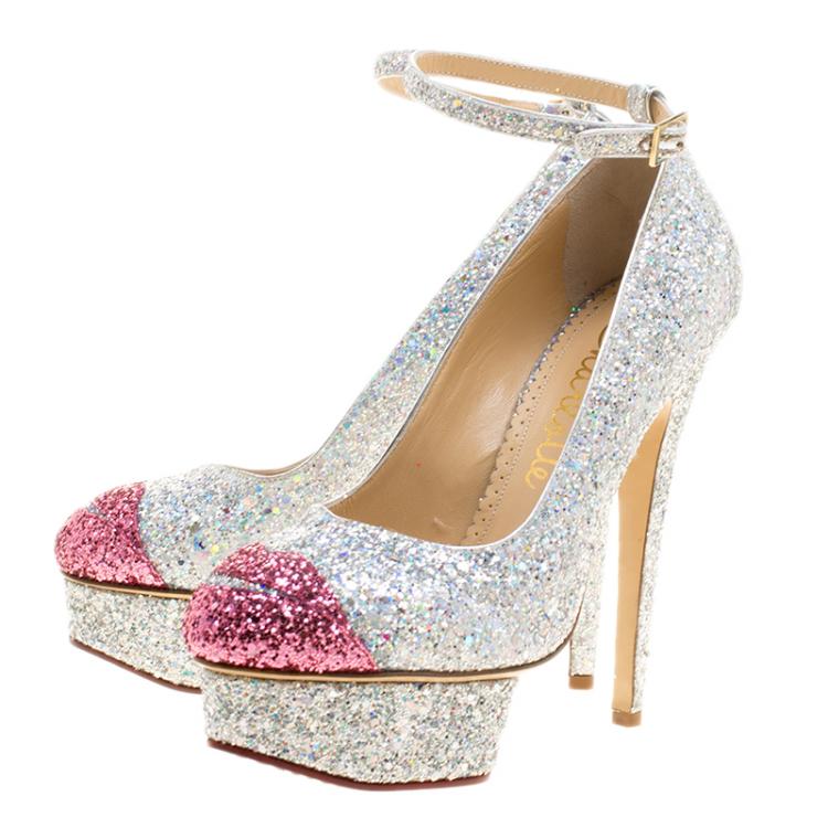 Pre Owned Charlotte Olympia Two Tone Glitter Kiss Me Dolores! Ankle Strap Platform Pumps Size 39.5