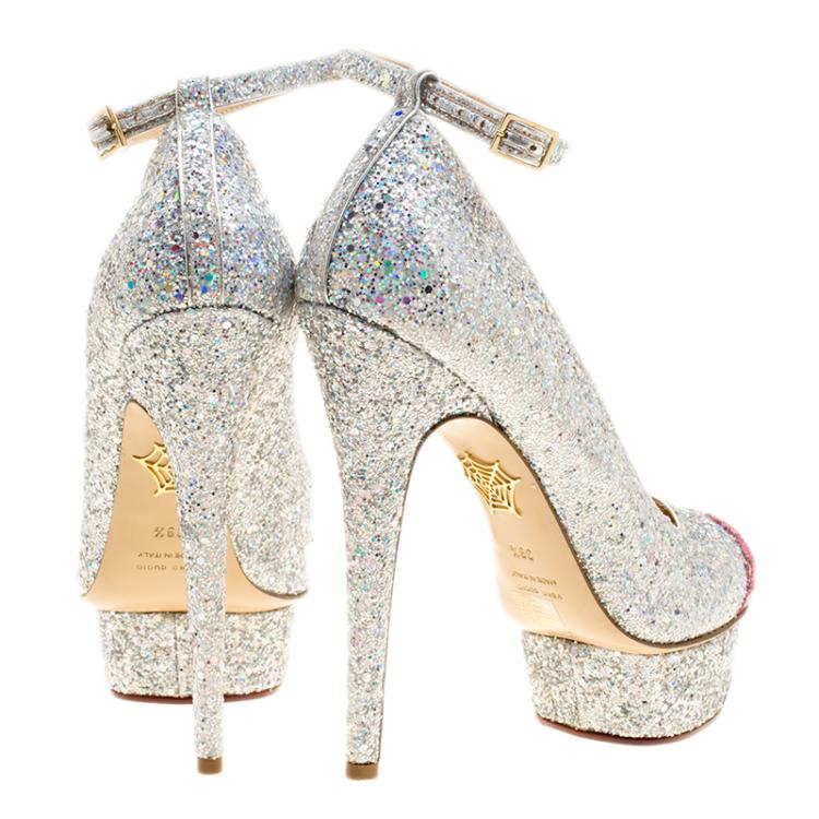 Pre Owned Charlotte Olympia Two Tone Glitter Kiss Me Dolores! Ankle Strap Platform Pumps Size 39.5