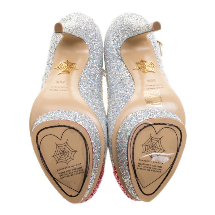 Pre Owned Charlotte Olympia Two Tone Glitter Kiss Me Dolores! Ankle Strap Platform Pumps Size 39.5
