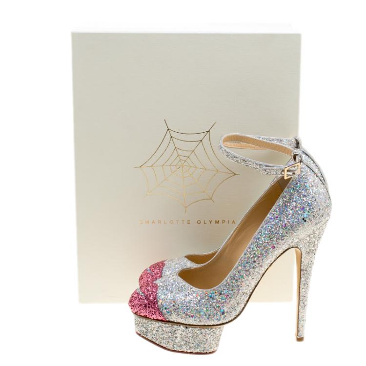 Pre Owned Charlotte Olympia Two Tone Glitter Kiss Me Dolores! Ankle Strap Platform Pumps Size 39.5