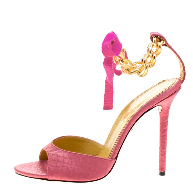 Pre Owned Charlotte Olympia Pink Satin Chain Ankle Strap Sandals Size 40