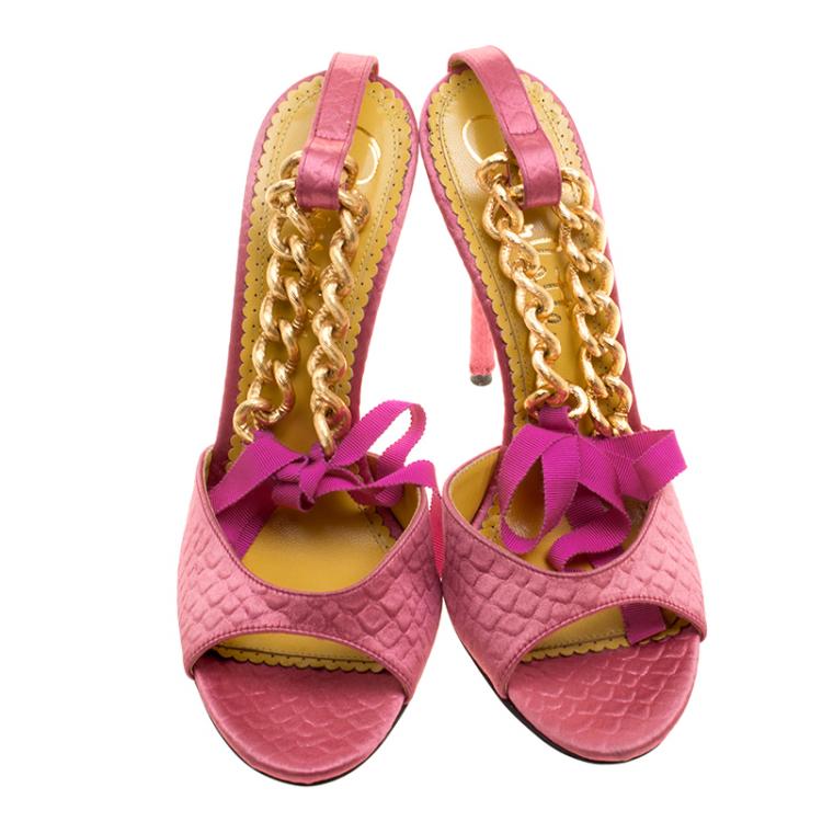 Pre Owned Charlotte Olympia Pink Satin Chain Ankle Strap Sandals Size 40