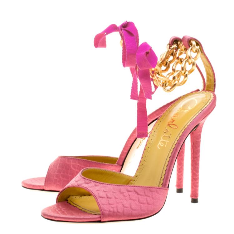 Pre Owned Charlotte Olympia Pink Satin Chain Ankle Strap Sandals Size 40