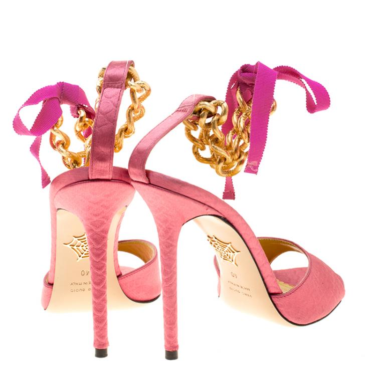 Pre Owned Charlotte Olympia Pink Satin Chain Ankle Strap Sandals Size 40
