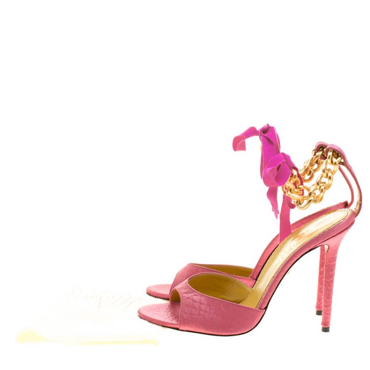 Pre Owned Charlotte Olympia Pink Satin Chain Ankle Strap Sandals Size 40
