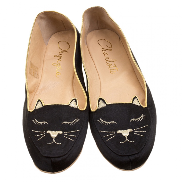 Pre Owned Charlotte Olympia Black Satin Cat Nap Slipper Set L