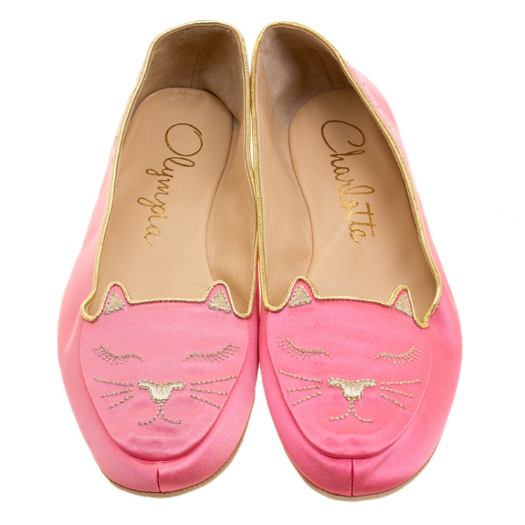 Pre Owned Charlotte Olympia Pink Satin Cat Nap Slipper Set XS