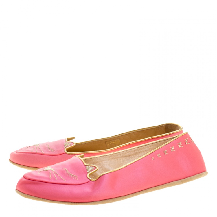 Pre Owned Charlotte Olympia Pink Satin Cat Nap Slipper Set XS