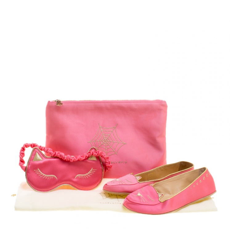 Pre Owned Charlotte Olympia Pink Satin Cat Nap Slipper Set XS