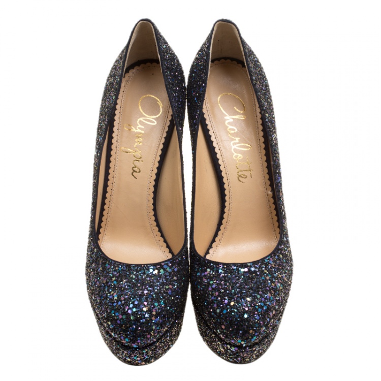 Pre Owned Charlotte Olympia Metallic Two Tone Coarse Glitter Millicent Platform Pumps Size 41