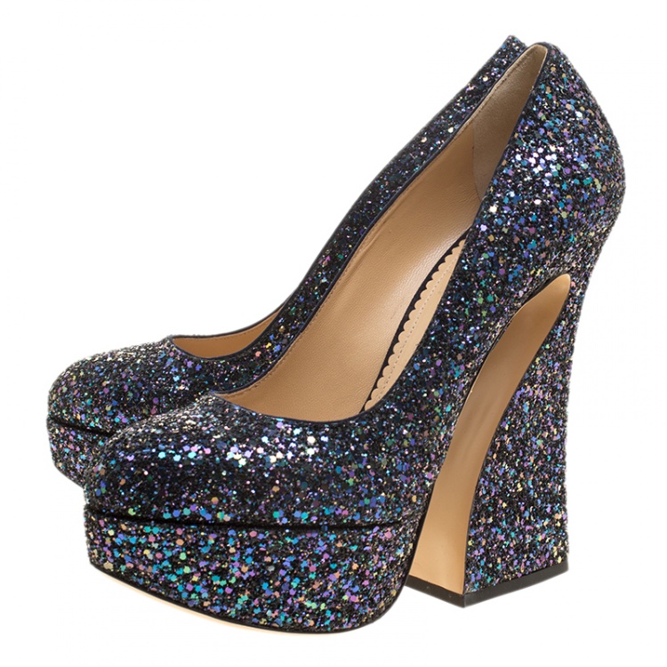 Pre Owned Charlotte Olympia Metallic Two Tone Coarse Glitter Millicent Platform Pumps Size 41