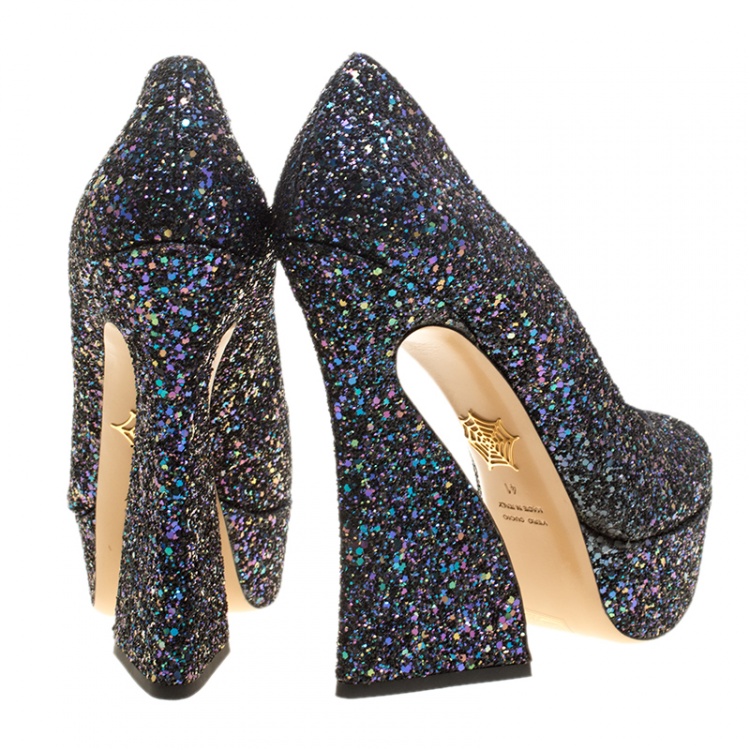 Pre Owned Charlotte Olympia Metallic Two Tone Coarse Glitter Millicent Platform Pumps Size 41
